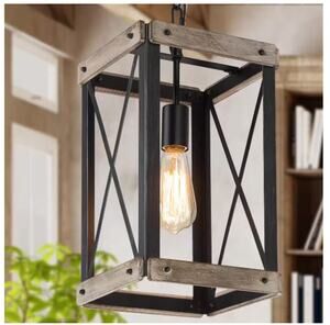 LNC Black Rustic Wood Cage Pendant Light Farmhouse Lantern Kitchen Pendant NEW
